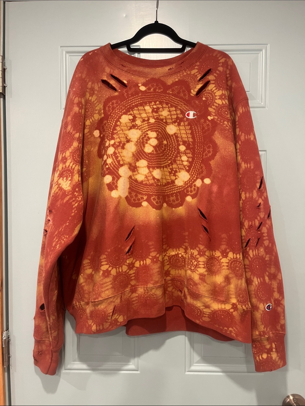 Upcycled Vintage Champion Sweater Tie-Dye Distressed Crewneck - Rust & Yellow